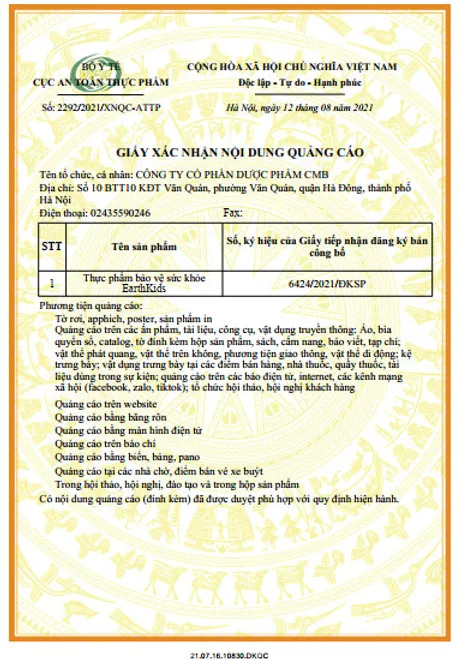 chứng nhận sản phẩm do bộ y tế cấp phép sản phẩm EarthKids