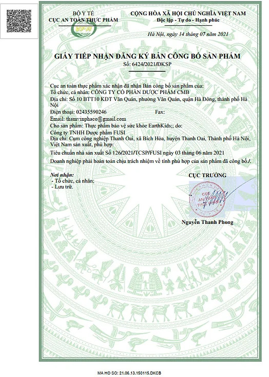 chứng nhận sản phẩm do bộ y tế cấp phép sản phẩm EarthKids